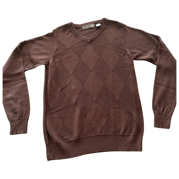Oscar de la Renta Women's Size Small Brown Sweater Argyle Design V-Neck L/S EUC - Picture 1 of 16